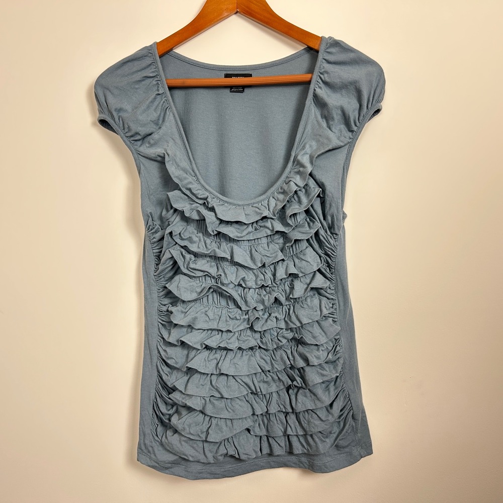 Anthropologie Deletta Blue Ruffle Cap Sleeve Top Scoop Neck Size M